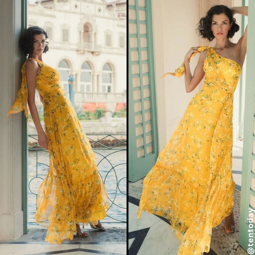 Mac Duggal 55427 Size 8 Yellow Green Floral One Shoulder Long Maxi Gown Dress
